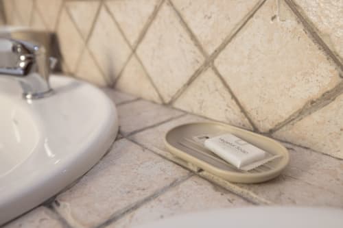 Dettagli dei servizi in bagno dell'hotel ViOletta a Lido di Ostia, con saponetta e lavandino nella camera Hookipa