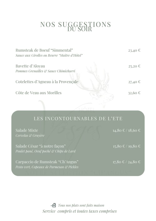Menu du soir de l'Hôtel Des Vosges avec suggestions de cuisine française et entrées estivales à Sommerau