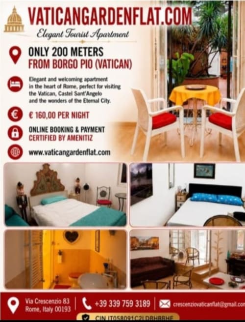 Vaticangardenflat elegant tourist apartment in Rome, 200m from Vatican, €160/night with online booking