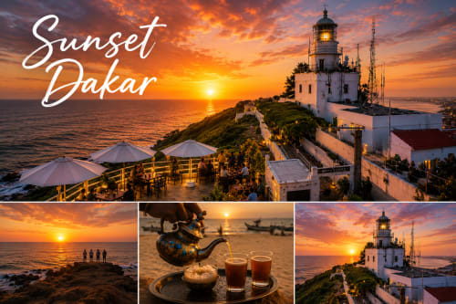 Coucher de soleil à Dakar : phare en falaise avec parasols, vue sur la plage, service de thé et ciel doré à l'hôtel DakarByDays