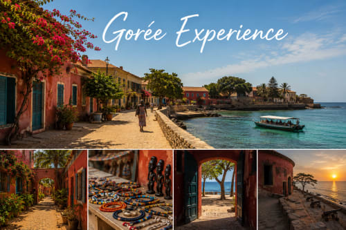 Expérience Gorée : bâtiments coloniaux colorés, vue sur le front de mer et artisanat local sur l'île historique de Gorée au Sénégal