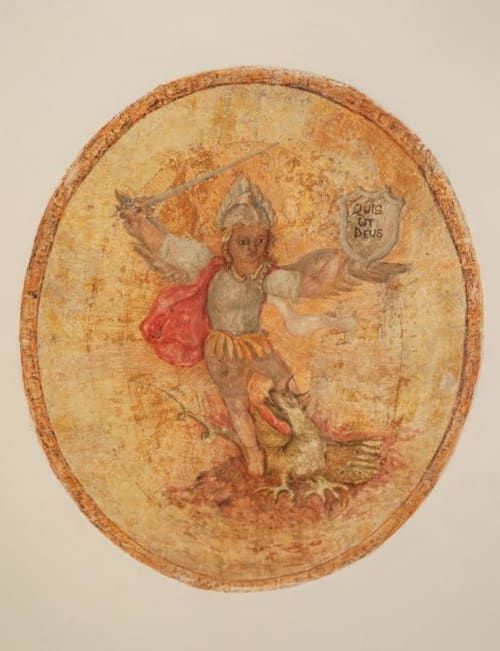 Affresco di San Giorgio che uccide il drago presso la boutique hotel IL POETA a Procida, Italia
