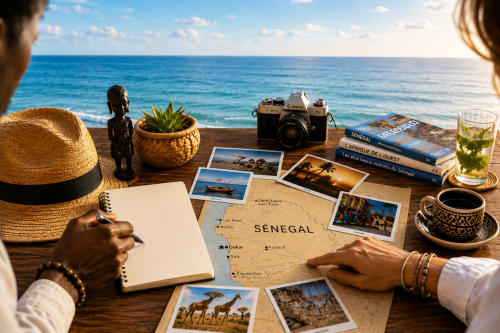 Bureau de planification touristique avec carte du Sénégal, photos, appareil photo vintage et vue sur l'océan à l'hôtel DakarByDays à Dakar
