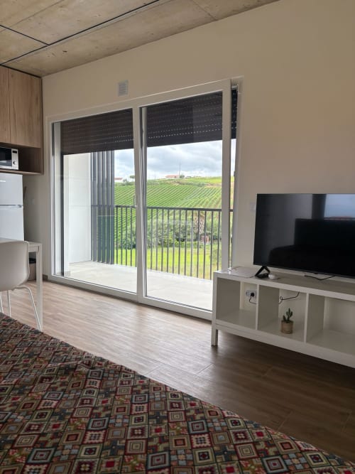 Apartamento T1 luminoso com portas de vidro deslizantes para varanda com vista para vinhedos em AL Patio Da Figueira, Torres Vedras