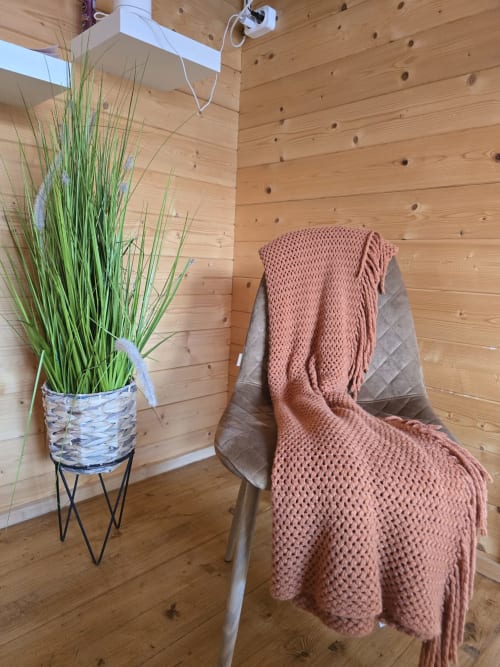 Cozy apartment interior at Mountain Wood Village with wooden walls, potted ornamental grass plant, and coral knit throw