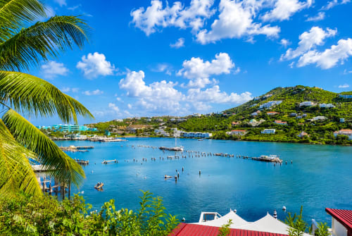 Baie d'Oyster Pond à Saint-Martin avec eaux turquoise, palmiers, villas sur les hauteurs et bateaux—vue des Balcons d'Oyster