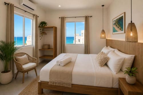 Dormitorio luminoso frente al mar en Hotel Isla Mujeres Centro con vistas al océano, cama de madera, silla de mimbre y decoración tropical