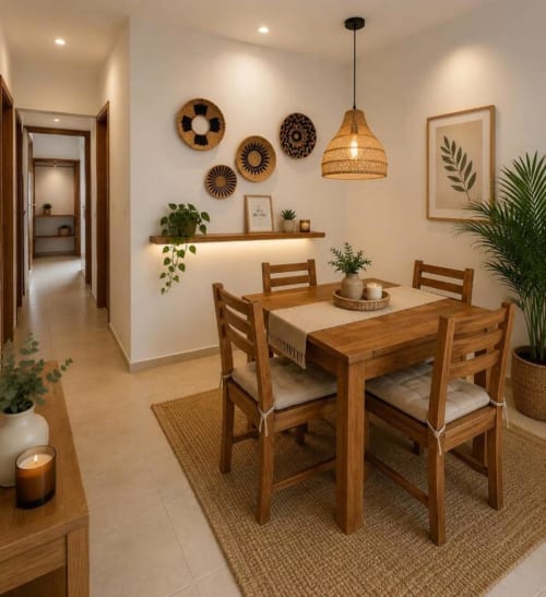 Comedor moderno del Hotel Isla Mujeres Centro con mesa de madera, cuatro sillas y cestas decorativas en la pared
