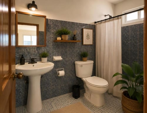 Baño moderno del Hotel Isla Mujeres Centro con lavamanos pedestal, inodoro, paredes alicatadas y plantas decorativas en Isla Mujeres