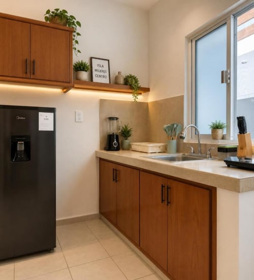 Cocina moderna en apartamento familiar del Hotel Isla Mujeres Centro con gabinetes de madera, fregadero de acero inoxidable, refrigerador negro,