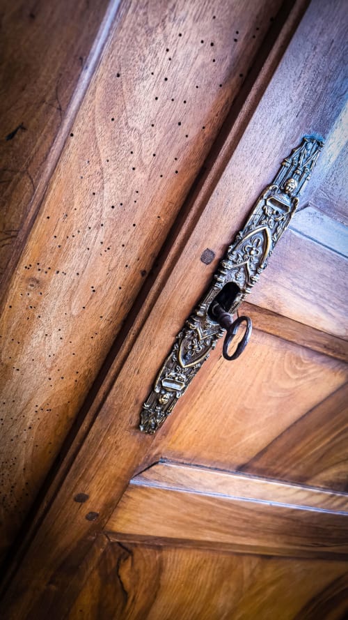 Poignée de porte ornementale vintage sur meuble en bois au Clos du Buisson, Saint Aubin sur Gaillon