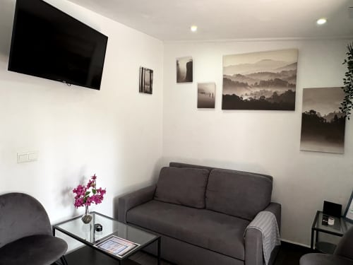 Modern living room with gray sofa, flat-screen TV, and landscape wall art at Apartamentos Turísticos Axarent, Almayate Alto