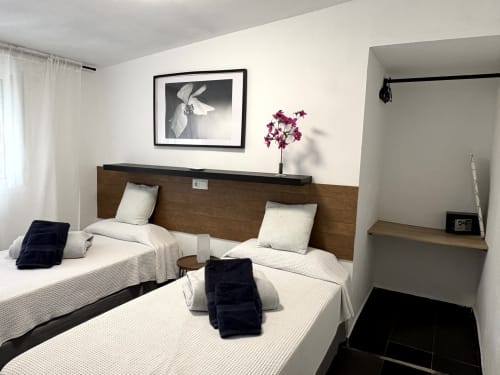 Twin bedroom with two single beds, dark wood headboard, purple flowers, and framed artwork at Apartamentos Turísticos Axarent