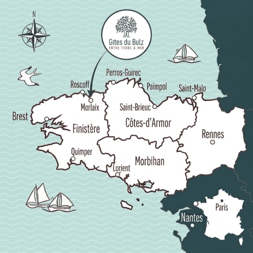 Carte de Bretagne montrant la localisation des Gites du Bulz à Pleyber-Christ avec villes côtières et icônes nautiques