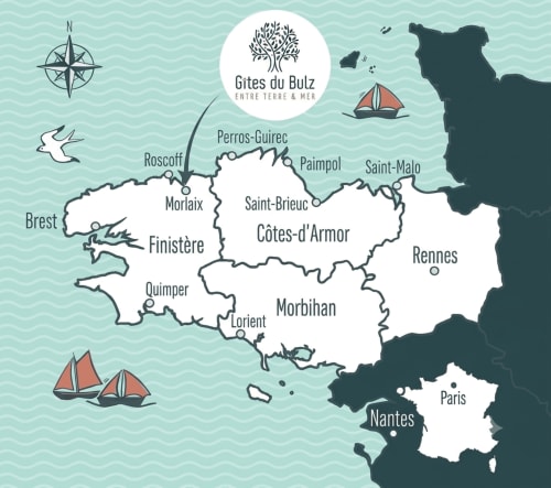 Carte de la Bretagne montrant les Gites du Bulz à Pleyber-Christ avec villes côtières et rose des vents