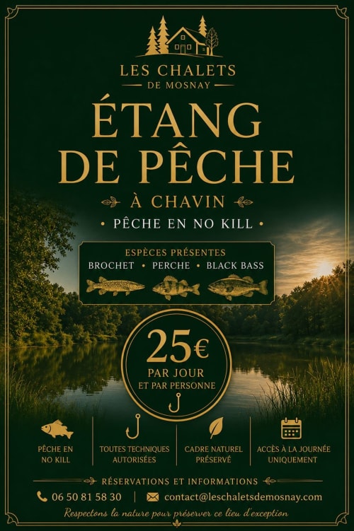 Les Chalets de Mosnay fishing etang peche no kill day trip 25 euros brochet perche black bass