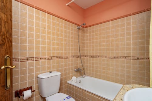 Salle de bain moderne avec carrelage terre cuite, baignoire blanche, toilettes et frise décorative à l'Hôtel Balcón De Los Montés à Colmenar