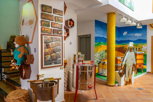 Exposition du Museo de la Miel à Colmenar : présentation d'apiculteur et fresques agricoles colorées