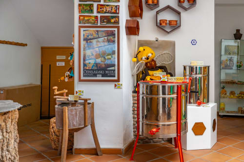 Exposition colorée à l'hôtel Balcón De Los Montés à Colmenar avec tonneaux en bois, étagères et décor vintage