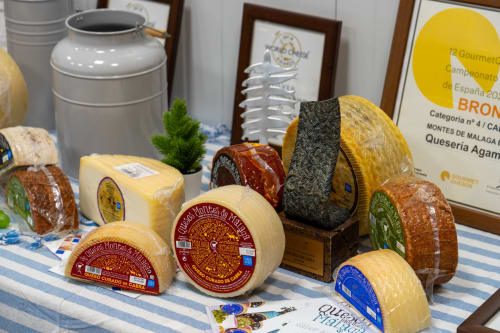 Étalage de fromages Manchego d'Espagne avec prix au restaurant Balcón De Los Montés de l'Hôtel à Colmenar