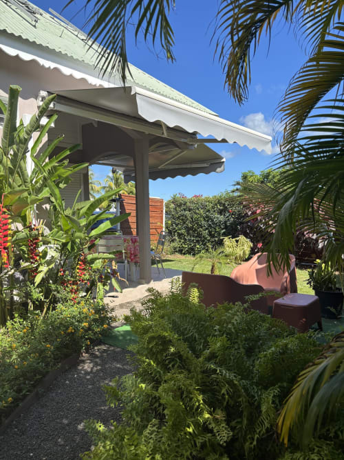 Jardin du gîte Banane avec palmiers, plantes fleuries et store rétractable au Domaine De Marly, Sainte-Anne