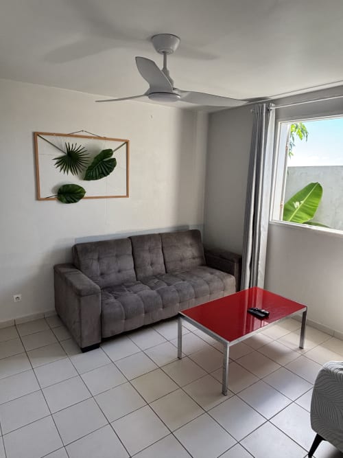 Modern living room at Domaine De Marly cottage with gray sofa, red table, ceiling fan, and tropical plants in Sainte-Anne