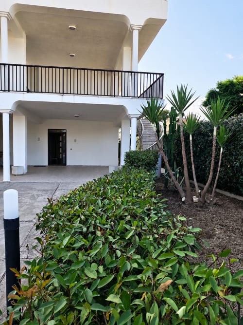 Villa moderna a Noto con terrazza, ringhiera in metallo nero, piante tropicali e architettura minimalista