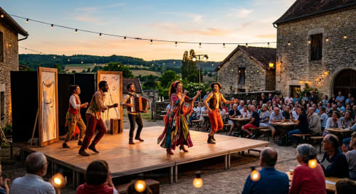 Spectacle de théâtre en plein air aux Gîtes les Orchidées à Cluny, en France, avec les clients savourant le divertissement sous les guirlandes lumineuses