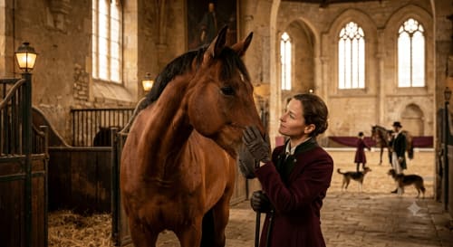 Femme avec cheval dans l'écurie historique en pierre des Gîtes les Orchidées, Cluny France
