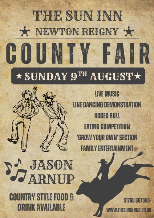 The Sun Inn Newton Reigny County Fair poster advertising live music, line dancing, rodeo bull and family entertainment on