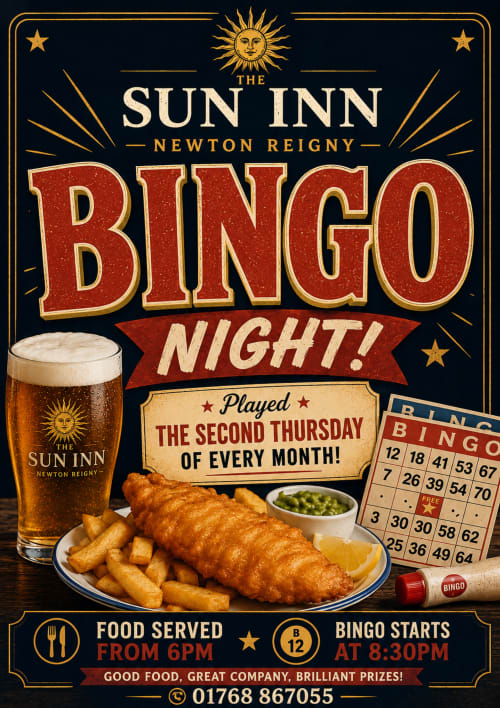 The Sun Inn Newton Reigny bingo night poster advertising monthly event with fish and chips, beer, and bingo cards