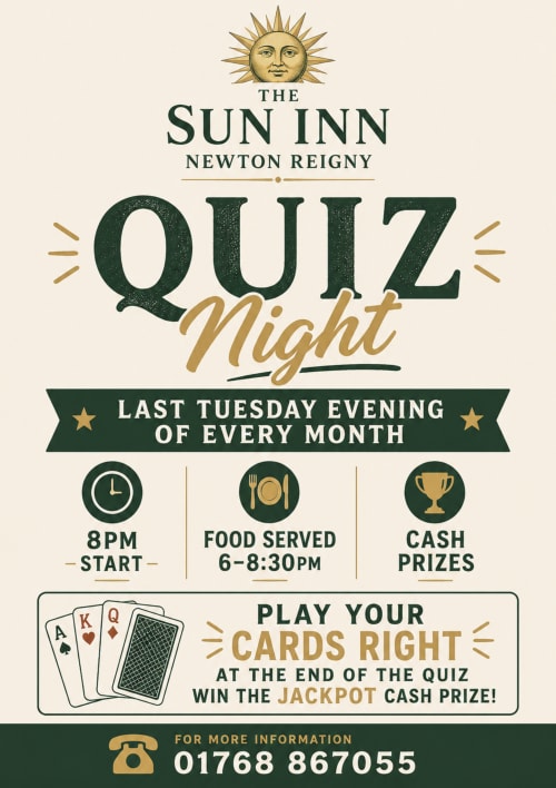 The Sun Inn Newton Reigney Quiz Night poster featuring details: last Tuesday monthly, 8pm start, food 6-8:30pm, cash prizes,