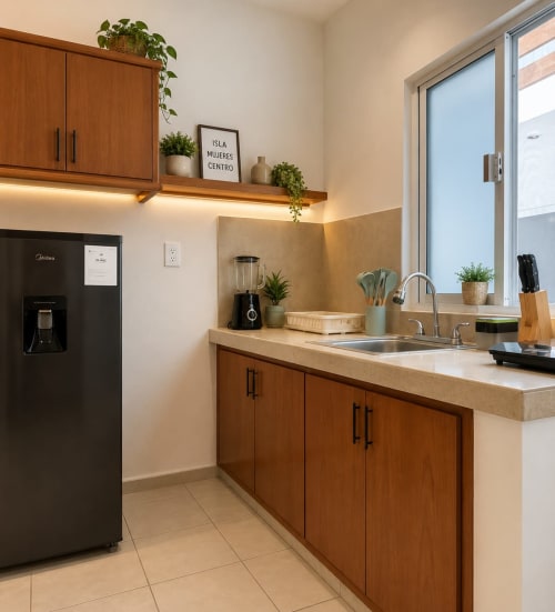 Cocina moderna del Hotel Isla Mujeres Centro con gabinetes de madera, encimeras beige y fregadero de acero inoxidable