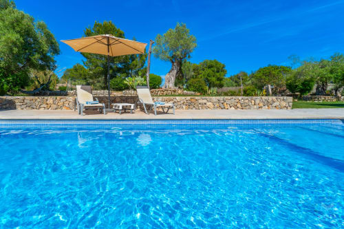 Piscina de lujo en Massa Properties en Artà con tumbonas, sombrilla y olivos bajo cielo azul despejado