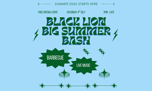 Black Lion Big Summer Bash poster: free event July 4th 2026 featuring barbecue and live music, Butterton