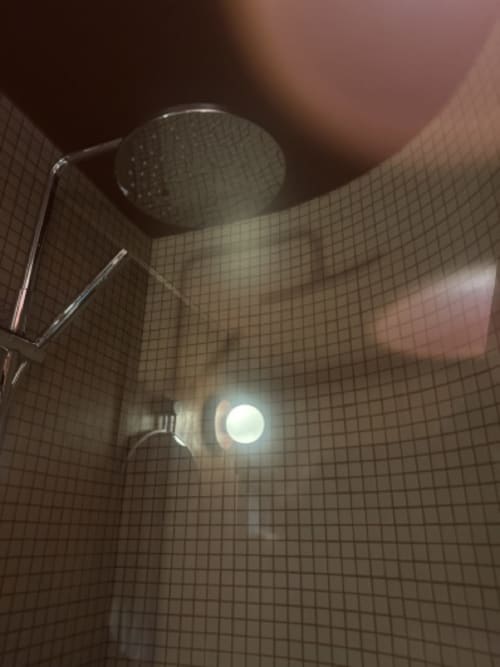 Pomme de douche moderne avec effet pluie dans la salle de bain carrelée de la chambre Prisma du cottage Micro Palaces à Vaulx