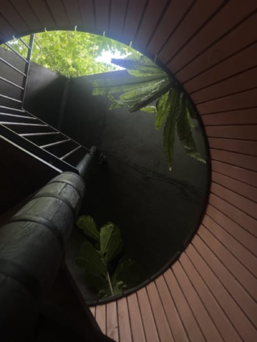 Pergola rétractable décorée de vignes feuillues sur terrasse en bois au gîte Micro Palaces, Vaulx