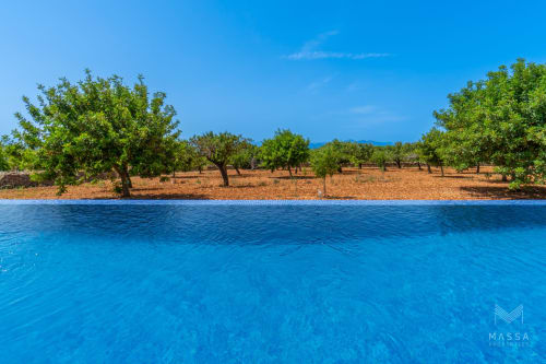 Aguas turquesas del Mediterráneo encuentran una costa rocosa con olivos en Artà, España en Massa Properties