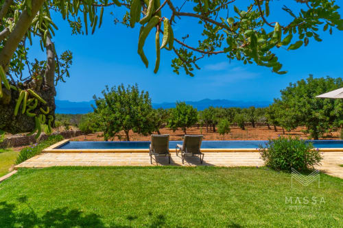 Vista de lujo junto a la piscina en Massa Properties, Artà, con tumbonas, olivares y montañas mediterráneas