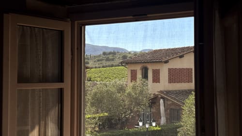 View from Borgo di Erboli window overlooking vineyards, olive trees, and Tuscan countryside in Cavriglia