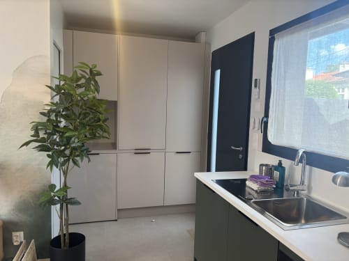Cuisine moderne du studio à la Résidence Les 3 Volcans avec évier, placards de rangement, plante et vue sur le jardin