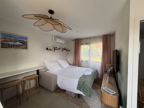 Chambre Studio Pavin aux 3 Volcans B&B à Clermont-Ferrand : lit queen, vue jardin et luminaire libellule design