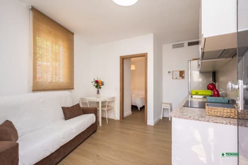 Bright studio apartment at Manbea Almería with kitchenette, white sofa, and wooden flooring