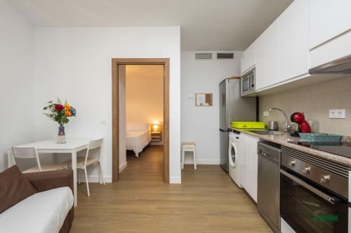 Modern studio apartment at Manbea Almería featuring kitchen, dining area, and bedroom view with wood floors