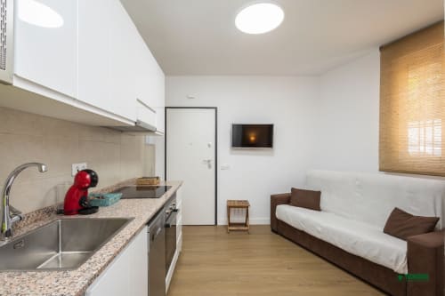 Modern studio at Apartamentos Manbea in Almería with kitchenette, sofa bed, and mounted TV