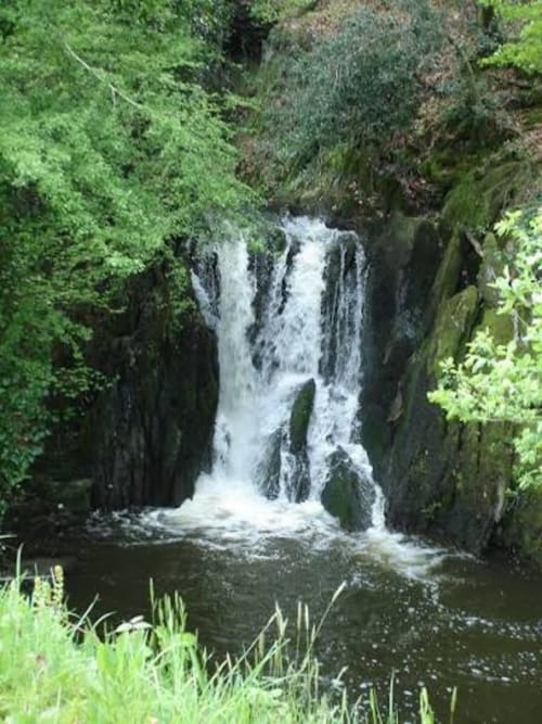 Cascade spectaculaire entourée de roches couvertes de mousse verdoyante et de végétation luxuriante près de l'Hôtel De La Vallée