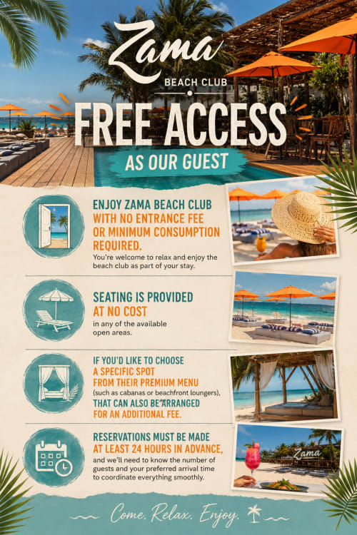 Oferta de acceso gratuito a Zama Beach Club con piscina, sombrillas y servicios de playa en Hotel Isla Mujeres Centro