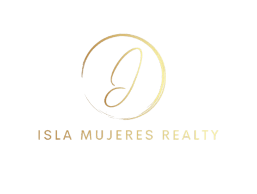 Logo de Isla Mujeres Realty con elegante diseño circular dorado y letra estilizada sobre fondo blanco
