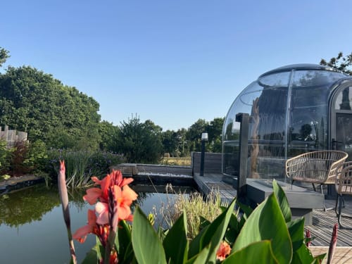 Dôme de l'hôtel Bubble Jade avec patio-jardin, fleurs rouges, bassin et espace détente à Bazouges-la-Perouse