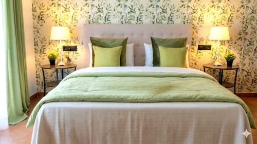 Dormitorio elegante en Marbella Views con cojines verdes, vistas al mar, iluminación ambiental y papel tapiz floral en Ojén